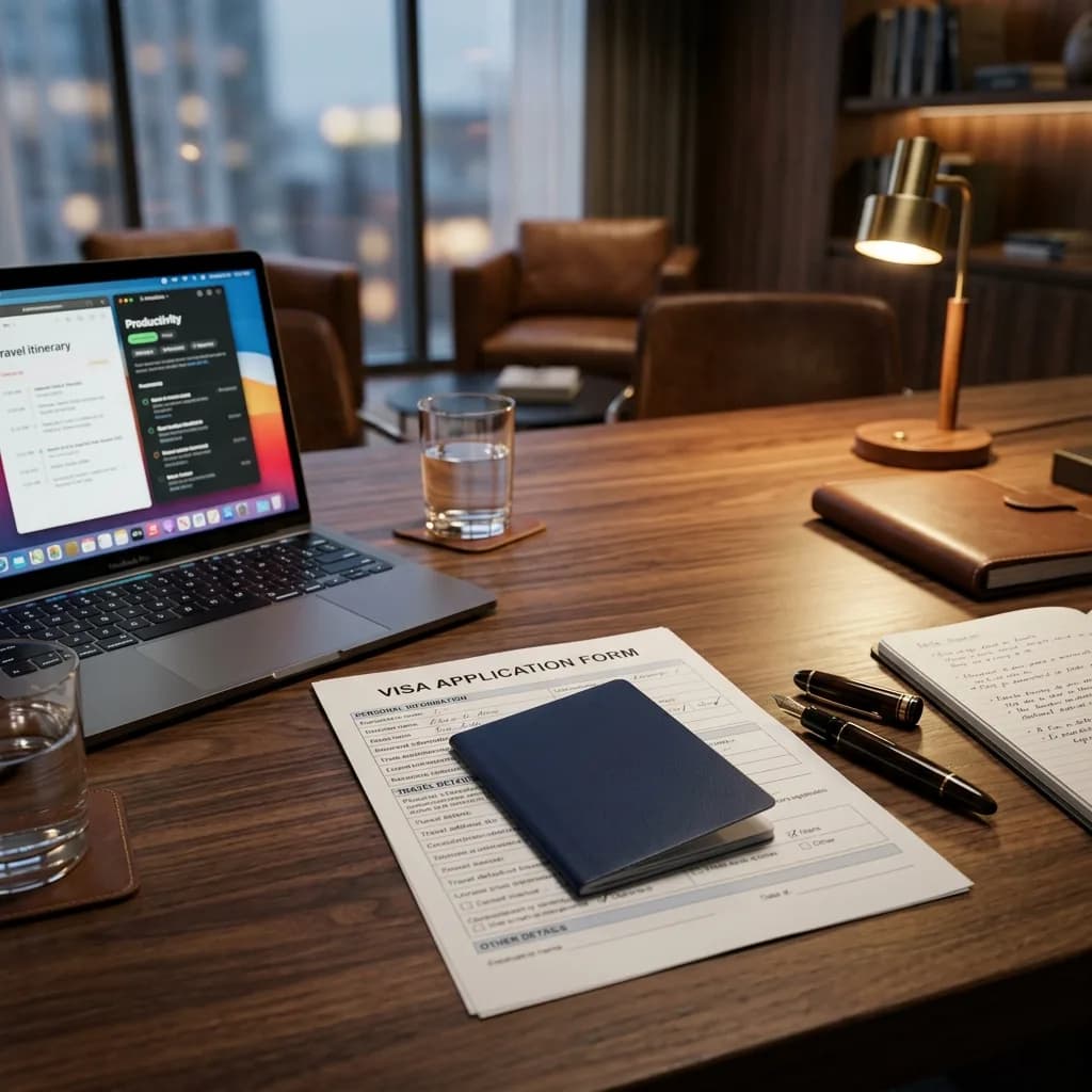 Visa application documents and laptop